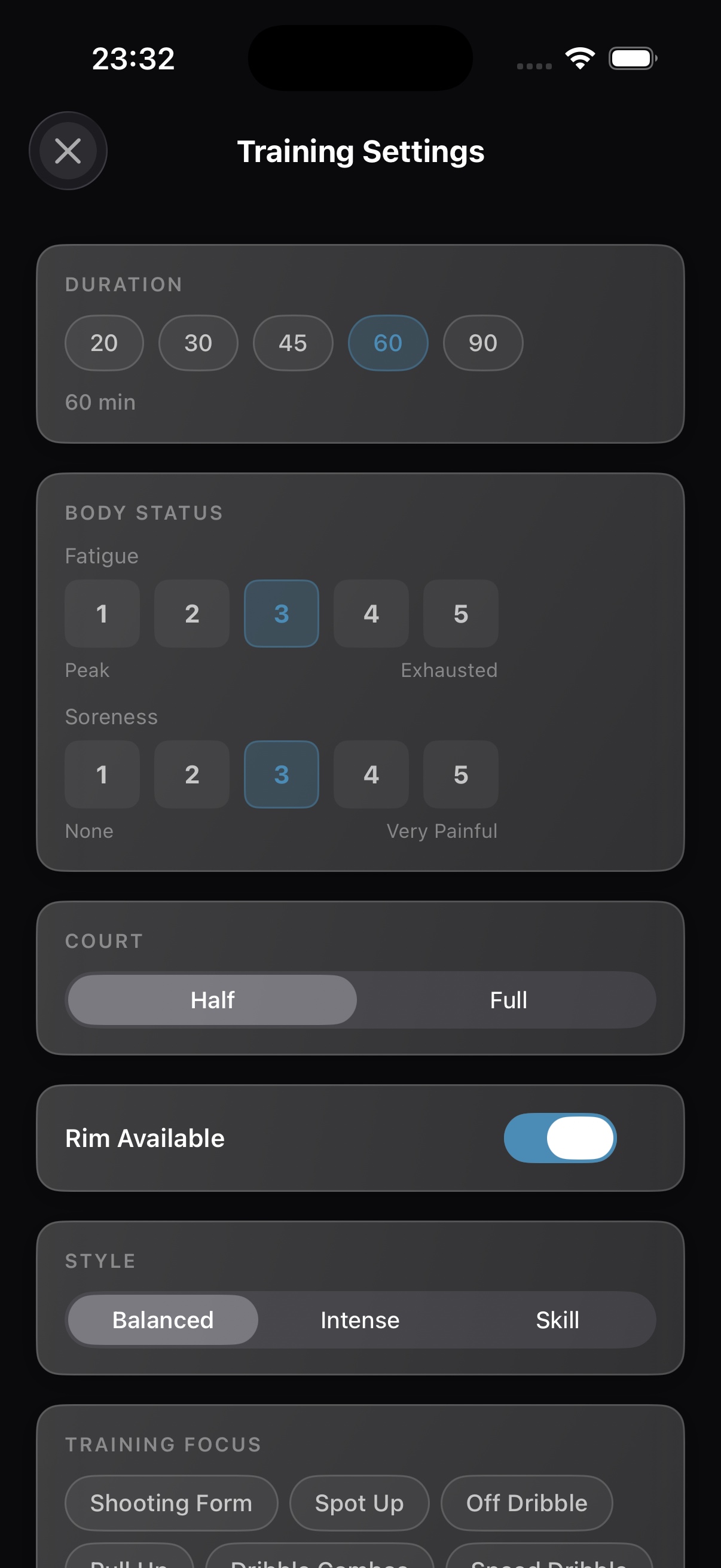 Baller — Training settings screen